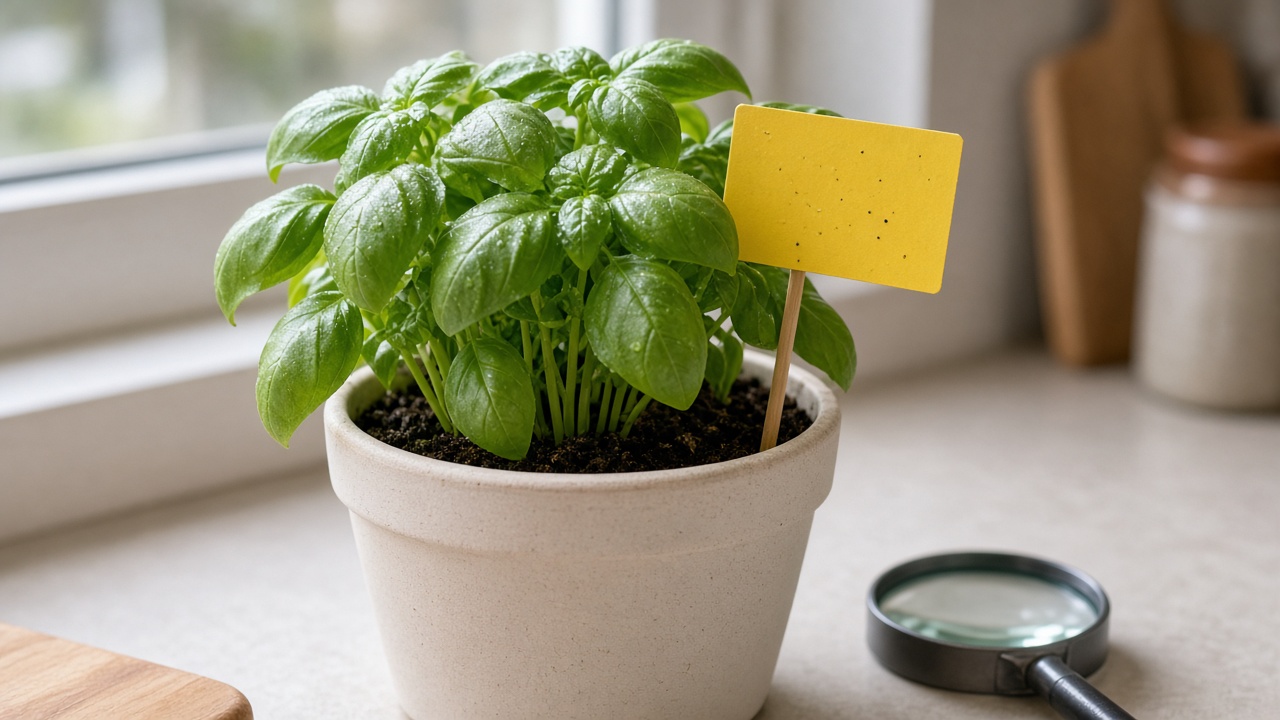 Potted basil on a kitchen windowsill with a yellow sticky trap card and a hand lens (AI-generated image)